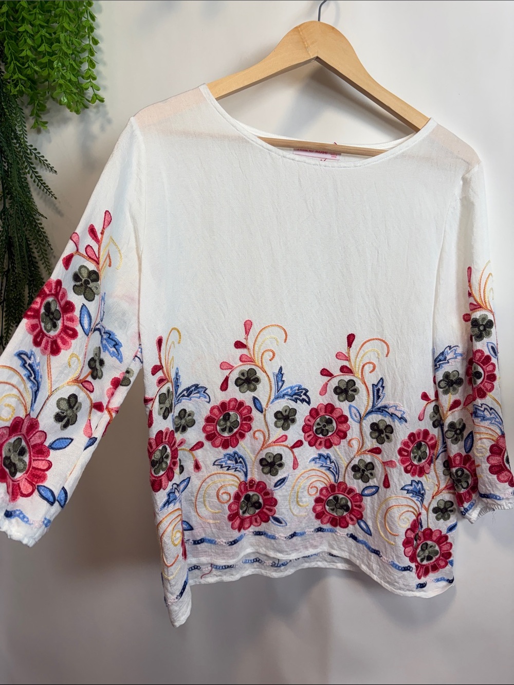 White Embroidered Floral Boatneck Blouse with Pink & Blue Accents